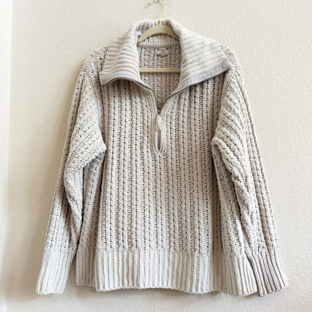 Aerie Women Cream Chenille Cable Knit Quarter Zip Sweater Size M Oversized Soft